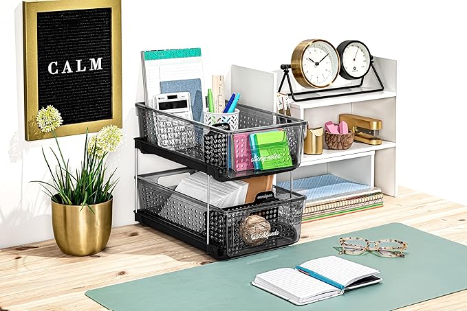 madesmart Premium 2 Tier Organizer, Undersink Storage with Pull Out Sliding Drawers, for Cleaning Supplies, Pantry, Sponges, Bottles, Adjustable Dividers & Pull Out Sliding Baskets, Smoke