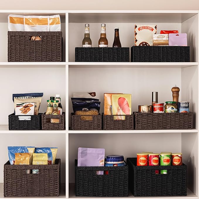 UBBCARE 4 Pack Wicker Basket, 13.4L×8.3H×7.1W inch Woven Paper Rope Storage Baskets for shelves, Foldable Rectangular Storage Baskets with Handle, Storage Basket for Organizing, Black