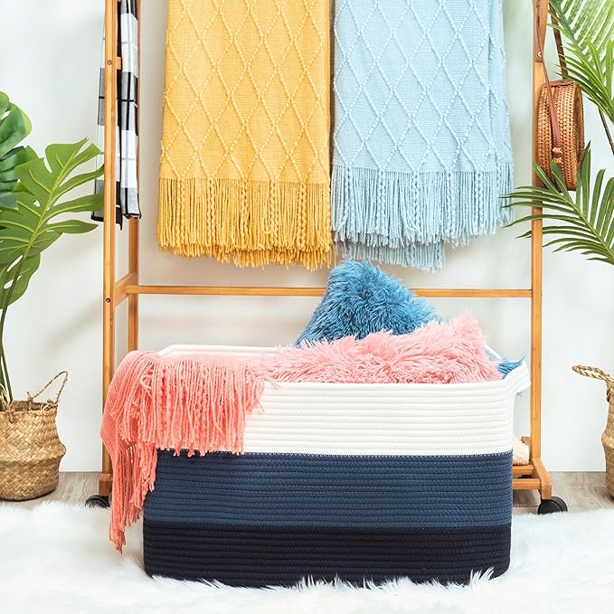 MINTWOOD Design 22in Extra Large Blanket Basket Holder Living Room, Rectangle Rope Woven Storage Basket with Handles for Laundry, Pool Towels, and Shoes, Dog Toy Organizer Bin Box, 3-Tone Blue