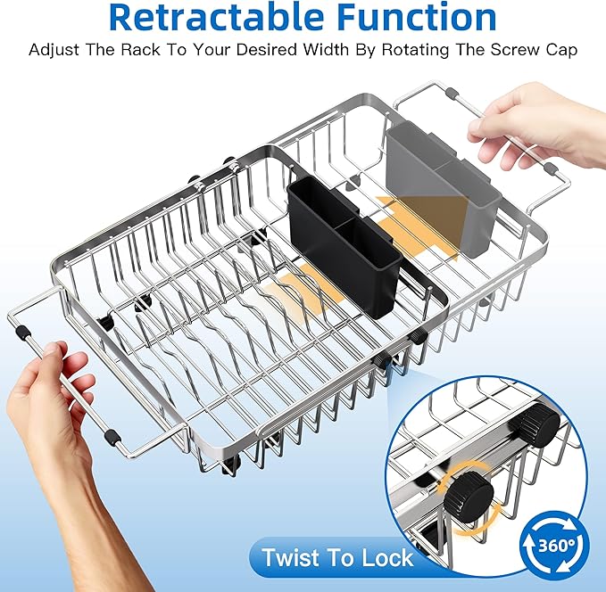 romision Expandable Dish Drying Rack Over The Sink Small Metal Stainless Steel Plate Holder for Compact Kitchen, Space Saving Modern Silver Hanging Drainer