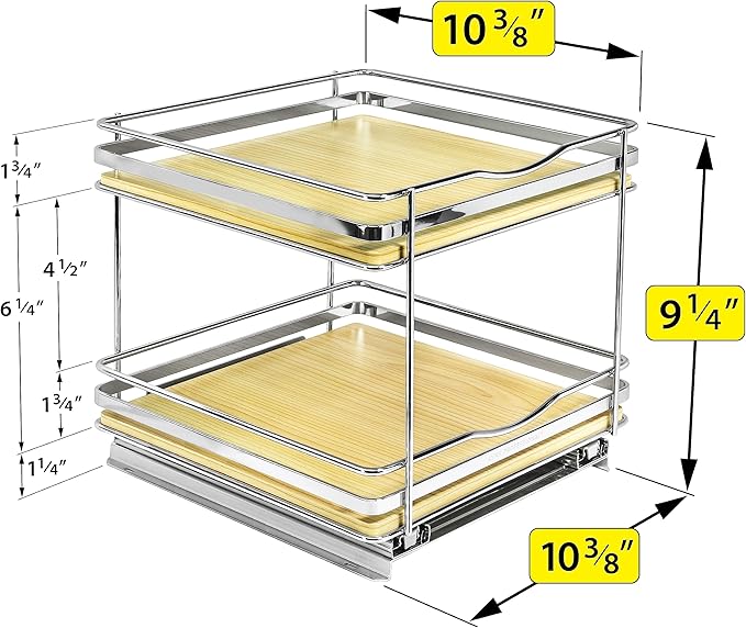 LYNK PROFESSIONAL® Élite™ Pull Out Spice Rack Organizer for Inside Kitchen Cabinets - 10-3/8 inch Wide - Slide Out Drawer – Wood/Chrome Sliding Spice Organization for cabinet - Spice Racks - 2 Tier