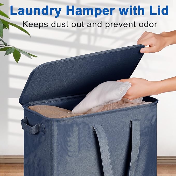 Slim Laundry Hamper with Lid and Wheels, Small Rolling Laundry Basket with Handle for Small Spaces, Tall Dirty Clothes Hampers for Dorm, Bathroom and Bedroom, 75L, Blue