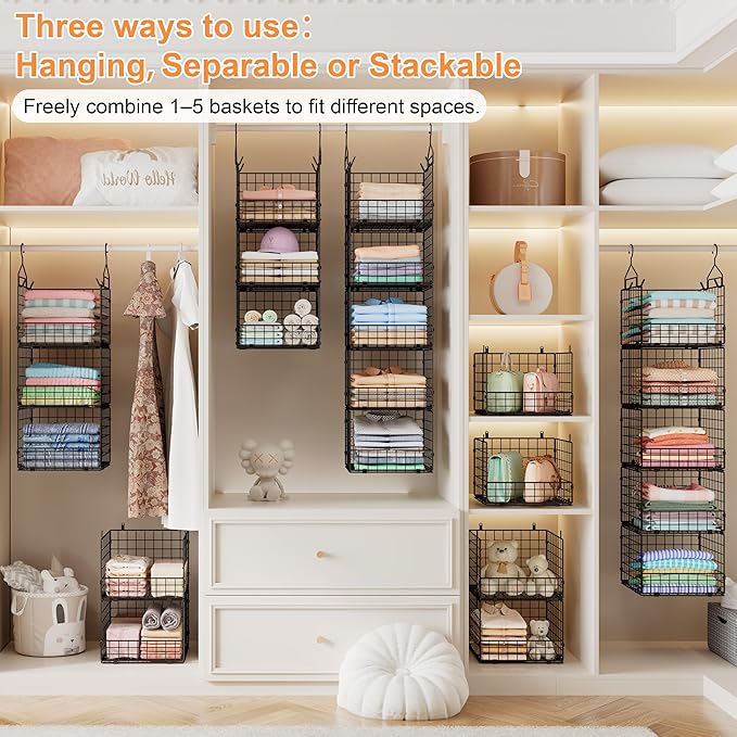 Sonyabecca 5-Tier Hanging Closet Organizer – Black Closet Storage Shelves with Wire Baskets for Clothes, Handbags, Sweaters & Accessories, Includes 2 Hanging Hooks & 5 S-Hooks