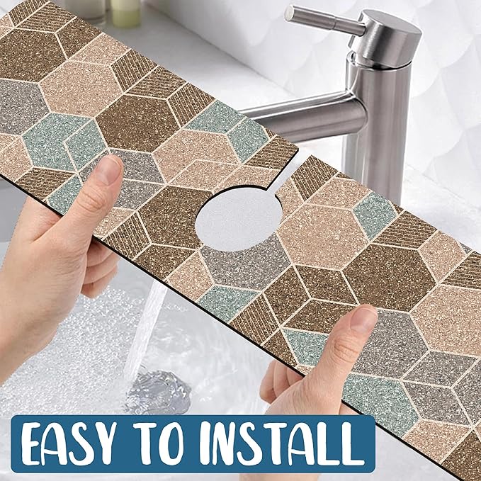 Geometry Blocks Sink Faucet Absorbing Mat Glitter Geometry Super Absorbent Fast Drying Mat Sink Gadgets Behind Faucet Sinkmat for Kitchen Bathroom, 23.5"x5.5"