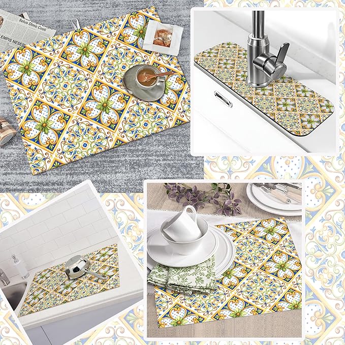 3Pcs Italian Majolica Tiles Dish Drying Mat & Kitchen Sink Splash Guard Faucet Mat For Kitchen Counter Absorbent Microfiber Dishes Pad Dish Drainer Rack Mats Fast Dry Kitchen Accessories