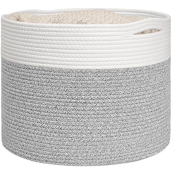 Goodpick Blanket Basket, 15.8"x15.8"x13.8" Woven Rope Basket for Blankets, Kids Toy Storage Organizer Bins, Toy Storage for Nursery, Light & Grey