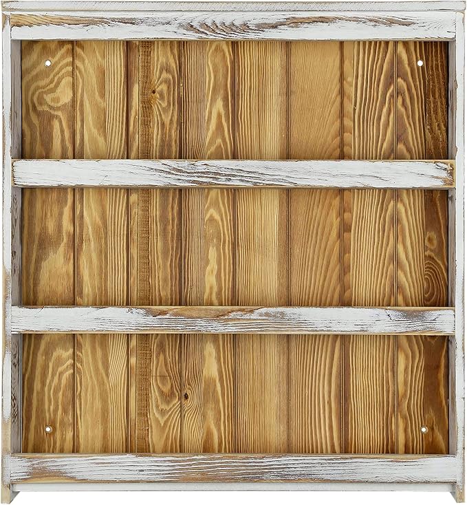 MyGift 3 Tier Spice Rack Wall Mount, Hanging Kitchen Pantry Storage Shelf for Seasoning Jars or Condiment Bottles, Shabby White Washed and Rustic Natural Burnt Solid Wood