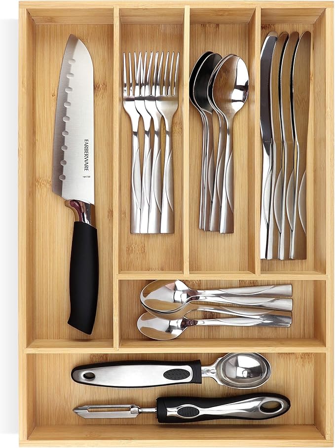 Silverware tray organizer– Flatware Utensil Cutlery Silverware Holder for Drawer – Small Extra-Deep Wooden Kitchen Drawer Organizer Divider for Spoons Forks Knives cutleries (6-Slots)