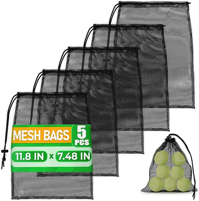 Small Mesh Bags Drawstring Black 5Pcs 11,8x7,48'' – Strong, Lightweight, Breathable Mesh Bag with Lock, Quick-Dry and Tear-Resistant – Easy to Tighten and Adjust for Travel, Swimming & Ball Storage