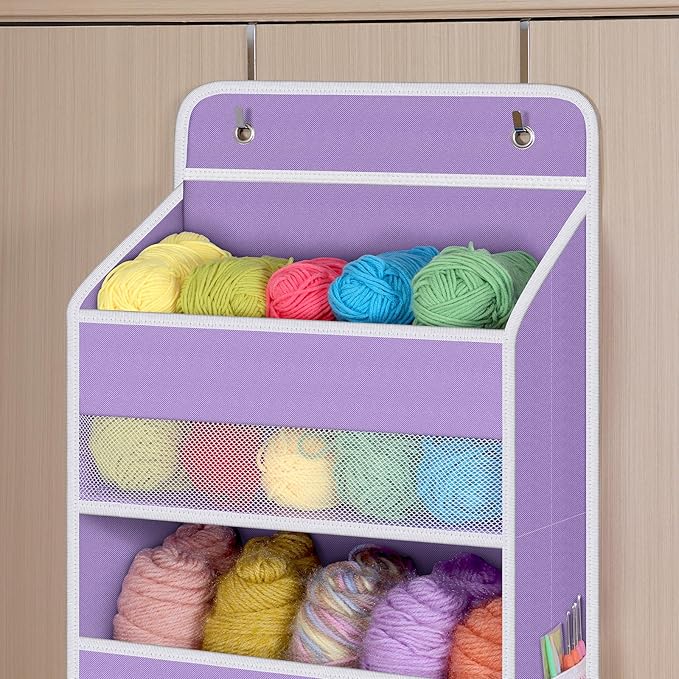 Univivi 5-Shelf Over The Door Hanging Organizer, Back of Door Organizer with 5 Compartments 6 Side Pockets for Baby Bedroom and Bathroom Storage (Purple)