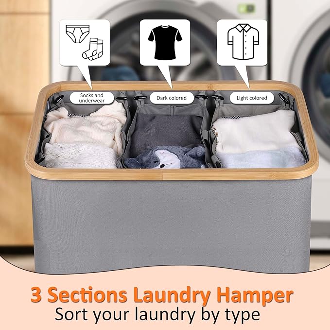 efluky Laundry Hamper with Lid, Trio Laundry Hamper with 3 Removable Bags, 3 Section Laundry Basket with Bamboo Handles for Bathroom, Bedroom & Laundry Room, 160L Silver Grey