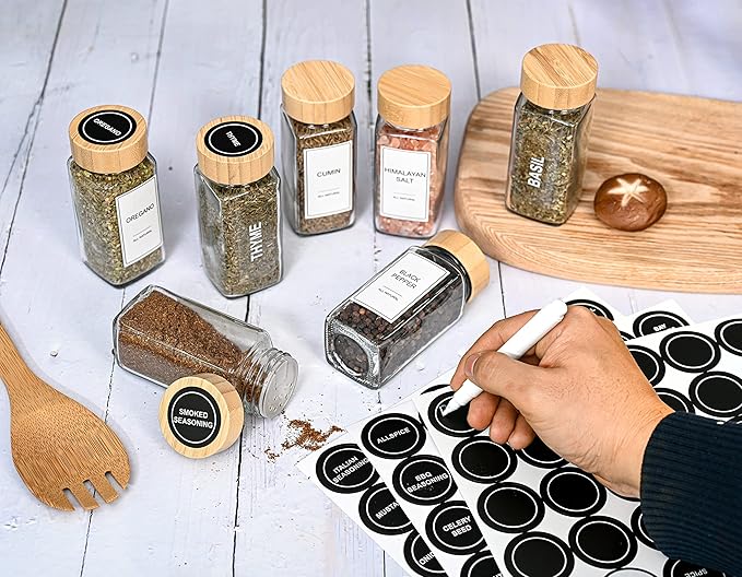 Glass Spice Jars with Label Set, Bamboo Lids & Funnel - Kitchen Airtight Storage Jars with Lids - Spices and Seasonings Sets Organizer, Spice Glass Jar with Lid Food Canister Bottle Sugar Shaker