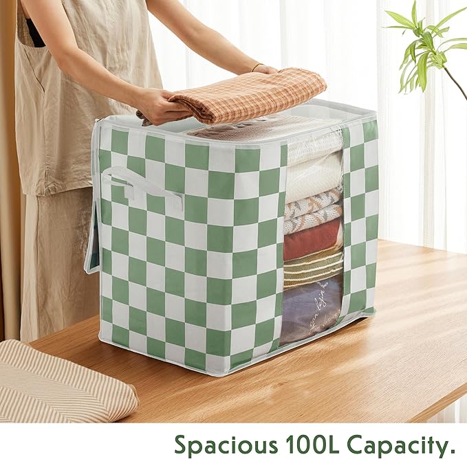 Green Checkered Clothes Storage Bins, 100L Large Blanket Storage Bags 3 Pack, Closet Organizers and Storage Containers for Comforters, Bedding, Foldable Organizer with Handle