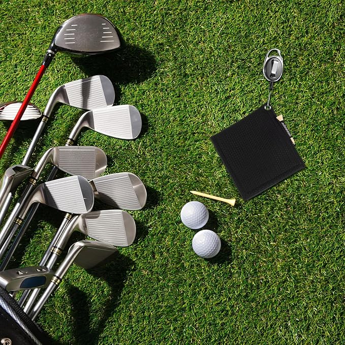 PRETYZOOM Golf Towel with Extendable Reel for Clubs and Balls Black Microfiber Cleaning Cloth Small Golf Accessory for On-Course Use
