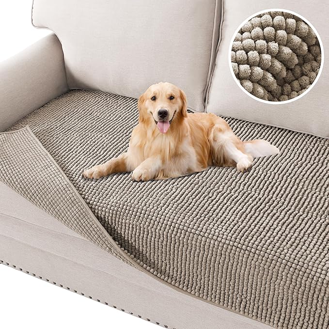 H.VERSAILTEX Plush Chenille Couch Protector Dog Bed Cover Thick Soft Loveseat Cover for 2 Cushion Couch Anti Slip Couch Cover Furniture Protector for Dog, Pet, Cat (35" x 62", Taupe)