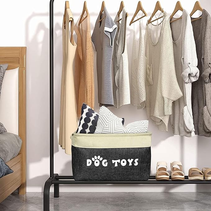 PET ARTIST Dog Toy Basket, Collapsible Dog Toy Bin Box with Comfortable Handles, Large Pet Toy Storage Organizer for Accessories, Toys, Coat & Clothing, Blanket & Leash, Black, 15"x11"x9"