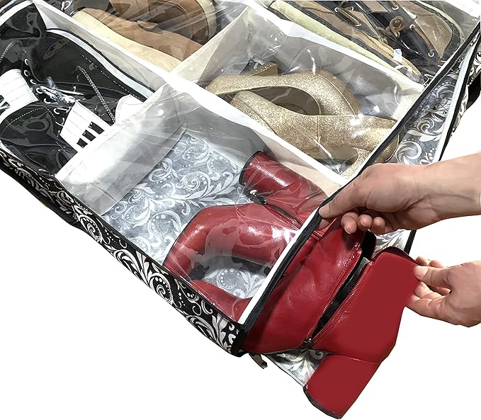 Men/Woman 12 Cells See Through Underbed shoes and boots Storage Bag Organizer with black and white flower (black)