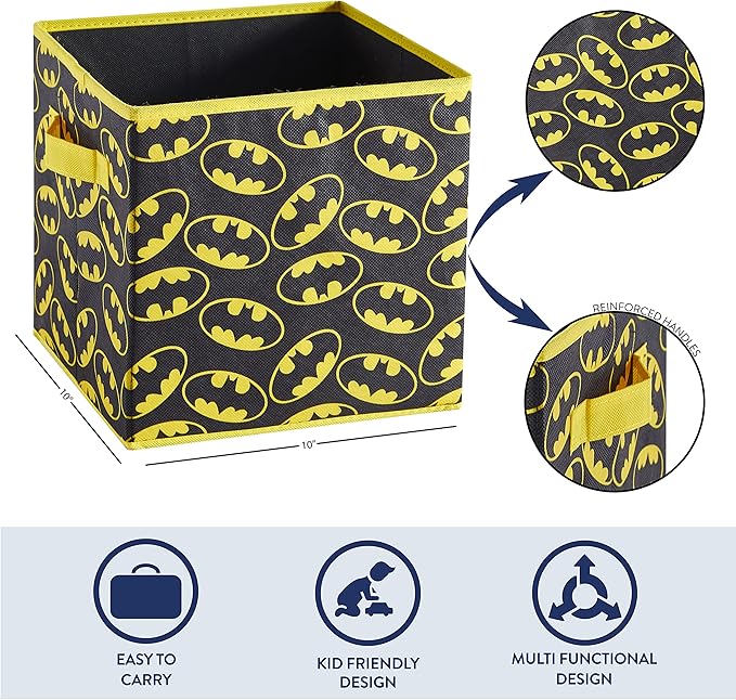 Batman Collapsible Storage Cubes – Set of 2 Foldable Fabric Bins for Kids – Organizer Boxes with Iconic Logo – Closet & Toy Storage – Black Superhero Cube Containers
