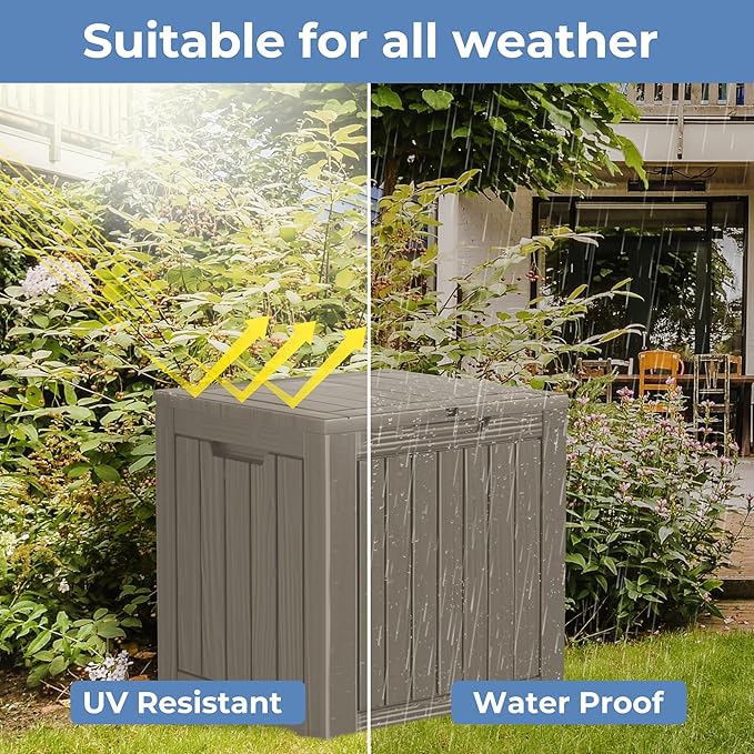 Outdoor Storage Box Waterproof, 50 Gallon Lockable Resin Deck Box Small, Patio Storage Bin for Pool Accessories Cushion Furniture, Garden Tools, UV-Resistant Outside Delivery Grey