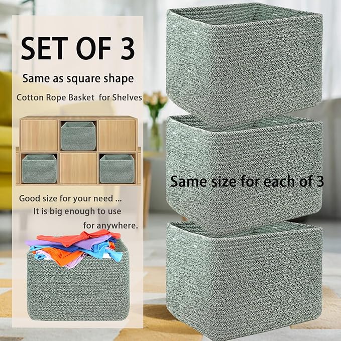 COMFY-HOMI 3Pack Small Woven Cotton Rope Basket for Organizing, Gift Baskets for Handles, Empty Gift Baskets, Medium Rope Basket|13.5" x 11" x 9.5" home decor for Living Room, Bathroom