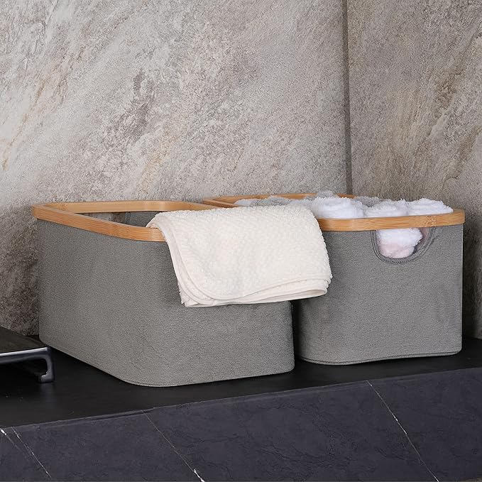 efluky Storage Baskets for Organizing, Fabric Storage Bins with Bamboo Handles, Collapsible Storage Baskets for Shelves and Closet, Grey Set of 2