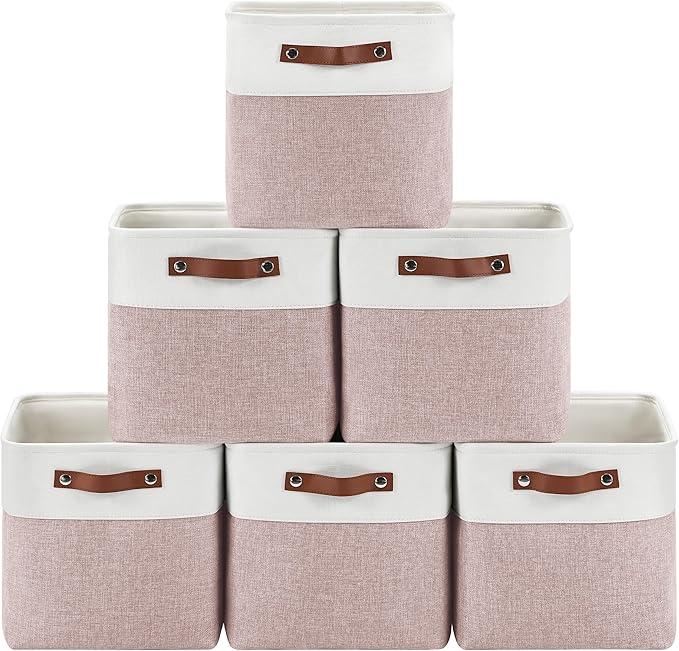 6-Pack Foldable Fabric Storage Cubes 11x11 Inch, Sturdy Cube Organizer Bins with Leather Handles, Storage Baskets for Closet Shelves and Home Organization(White/Pink)