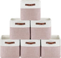 6-Pack Foldable Fabric Storage Cubes 11x11 Inch, Sturdy Cube Organizer Bins with Leather Handles, Storage Baskets for Closet Shelves and Home Organization(White/Pink)