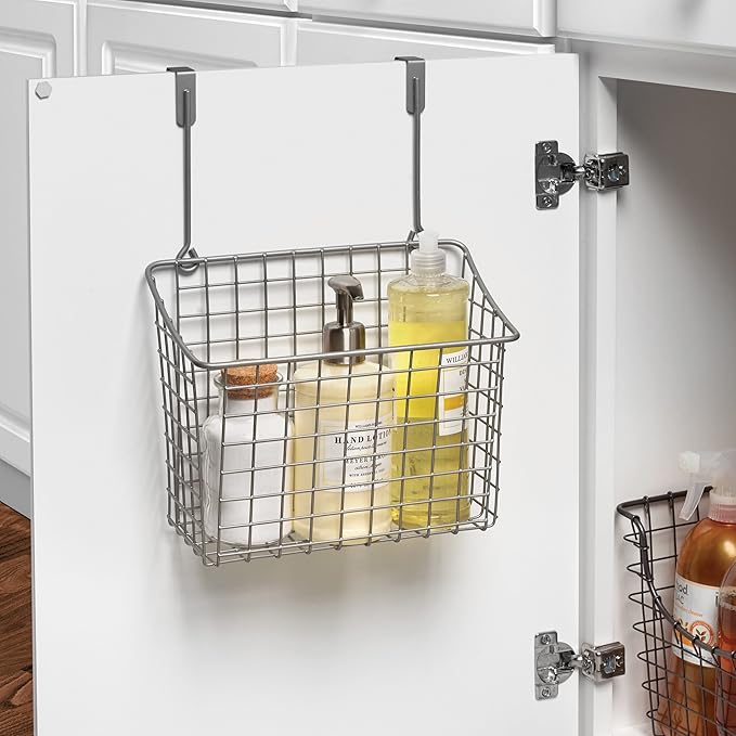 Spectrum Hanging Baskets for Organizing (Large, Satin Nickel) - Grid Over the Cabinet Wire Basket- Kitchen or Bathroom - Door Hanging Storage Organizer for Cleaning Supplies, & Towels (Pack of 6)