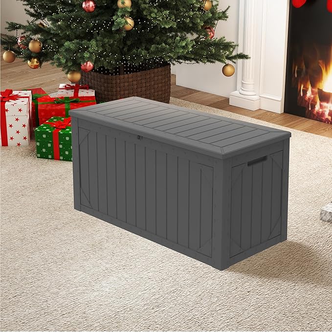 Outdoor Storage Box Waterproof, 100 Gallon Lockable Resin Deck Box Patio Storage Bin for Pool Accessories Cushion Furniture, Garden Tools, UV-Resistant Outside Delivery, Grey