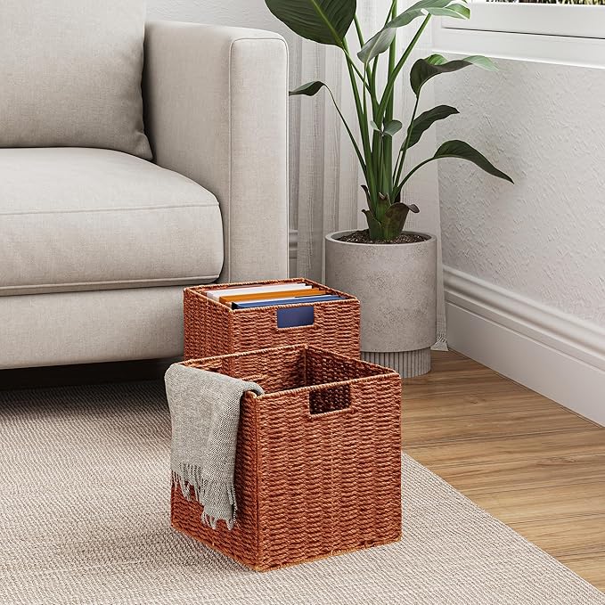 Vagusicc Wicker Storage Basket, Set of 2 Hand-Woven Paper Rope Wicker Basket, Foldable Cube Storage Bins, Square Large Storage Baskets for Organizing Shelves & Decor, Orange (13″×13″×13″)