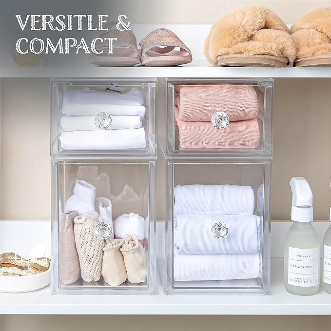Oizeir Clear Drawer Organizers - Acrylic, Durable, Stackable, Pull-Out Drawer. Great for Medicine, Cosmetics, Makeup and Bathroom Organization. (4.5" High | 2-PACK)