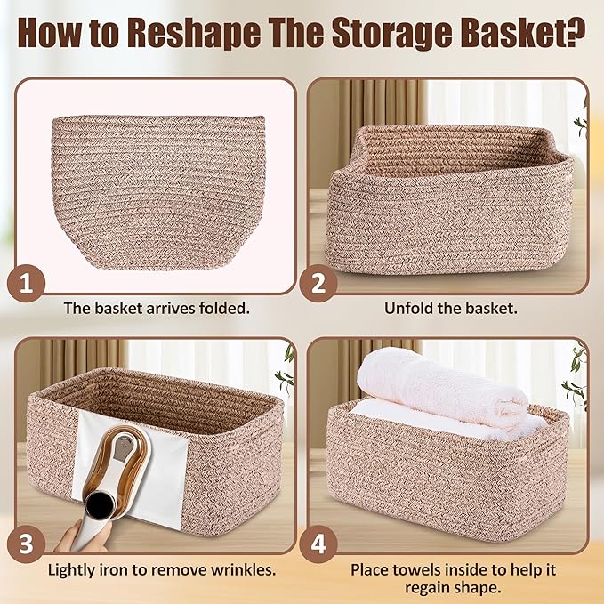 5-Pack Small Woven Rope Storage Baskets – 2 Sizes Organizer Bins for Closet, Shelf, Bookshelf, Nursery, Changing Table, Fabric Cube Boxes, Rectangular Shallow Bins for Bathroom, Toy & Home