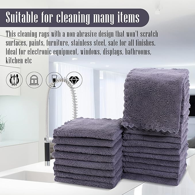 Sunny zzzZZ 24 Pack Kitchen Dishcloths - Does Not Shed Fluff - Reusable Dish Towels, Dish Cloths, Super Absorbent Coral Fleece Cleaning Cloths, Nonstick Oil Washable Fast Drying, 10 x 10 Inch (Grey)