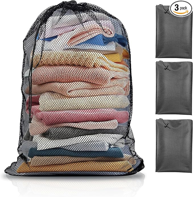 3 Pack Mesh Laundry Bag - Large 24" x 35" Machine Washable with Secure Drawstring Closure - Perfect for College Dorms, Laundromats, Apartments (Black)