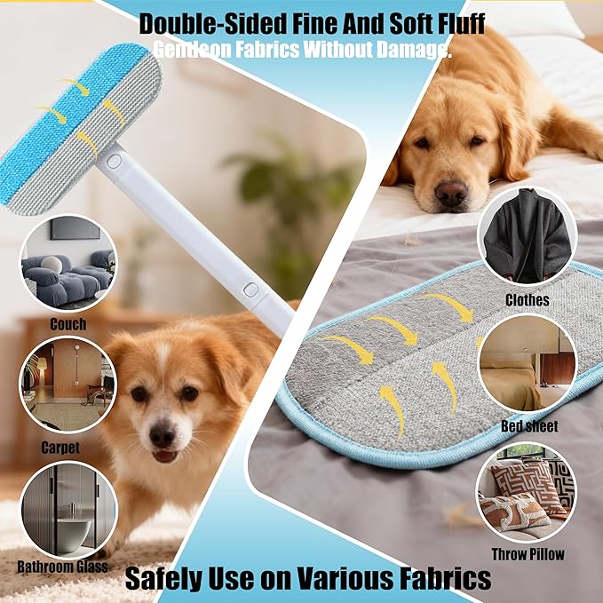 Pet Hair Remover Set – Removes Pet Fur from Carpets, Furniture & Car Seats For Cat & Dog, includes a 4-in-1 Hair Removal Brush (Extended Handle) & a Cartoon Magic Electrostatic Hair Removal Glove.