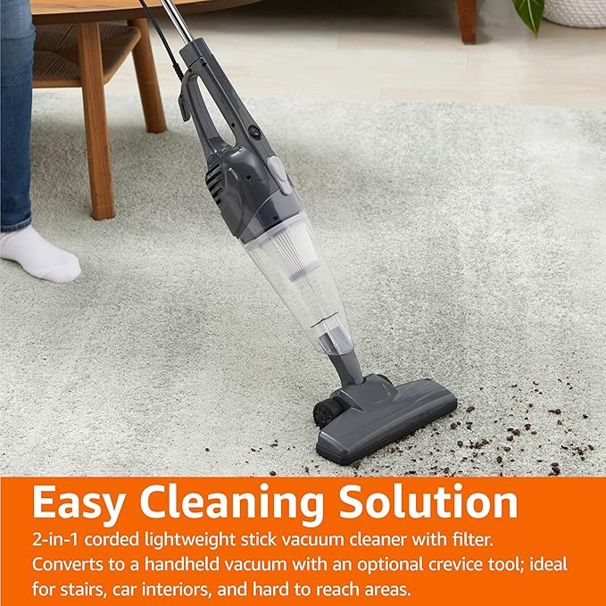 Amazon Basics 2-in-1 Corded Stick Vacuum Cleaner, Convertible to Handheld, Lightweight (3.9 LBS), with Washable Filter, Crevice Tools, 0.5L Dust Cup, 19.7-Ft Cord, 300W, Black