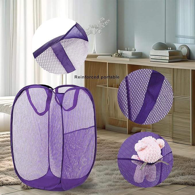 LXLOVESM Pop Up Laundry Hamper, Mesh Laundry Basket Collapsible, Foldable Hamper for Travel and Storage (Purple)