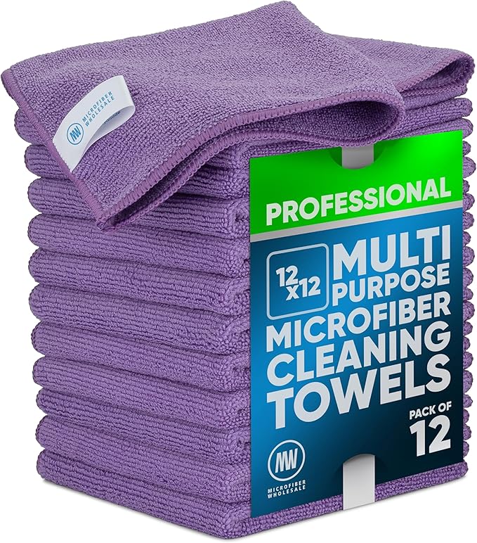 MW PRO Microfiber Cleaning Cloths Purple (12 Pack, 12x12) - Commercial Janitorial Towels & Lint Free Rags - Heavy Duty for Auto Detailing, Glass Windows, Housekeeping & Screens - Washable 300+ Times