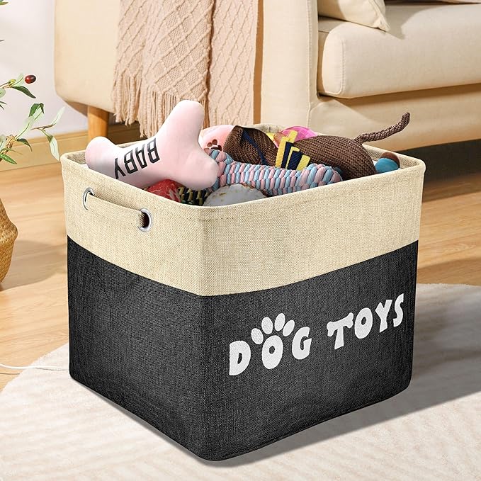 PET ARTIST Large Dog Toy Basket Bin - Rectangular Storage Box Chest Organizer for Dog Toys,Coats,Clothing,Apparel & Accessories & Blanket, Black, 15"x13"x12"