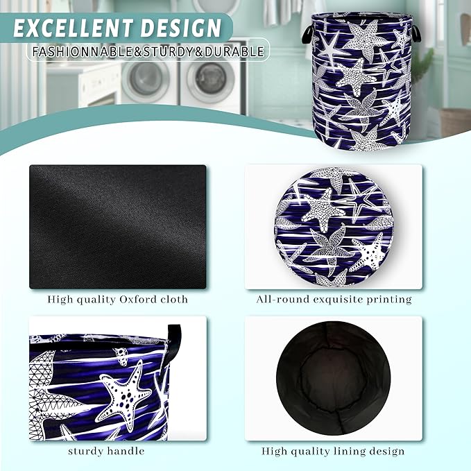 Blue Starfish Printed Laundry Basket Sea Beach Theme Funny Laundry Hamper Foldable Oxford Cloth Ocean Tote Bag Clothe Toy Storage Bucket 18.9"x16.5" For Bathroom/Laundry Storage/Bedroom