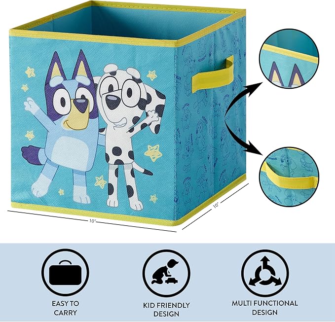 Bluey Set of 2 Collapsible Storage Cubes,10"x10"x10" Fabric Bins for Kids, Spacious Foldable Toy Organizer Boxes for Bedroom, Playroom, or Closet