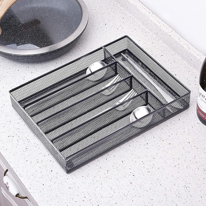 WuGeShop Silverware Drawer Organizer Black, Kitchen Drawer Organizer Metal Mesh Utensil Tray Non-Slip Cutlery Tray, 5 Compartments