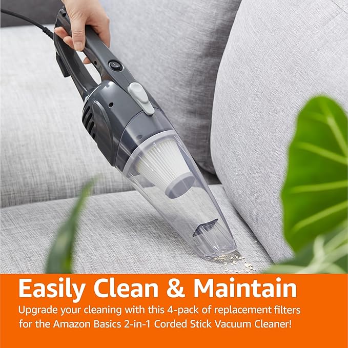 Amazon Basics Washable HEPA Replacement Filters for 2-in-1 Corded Stick Vacuum Cleaner ONLY (not for Other Models), 4-Pack, White