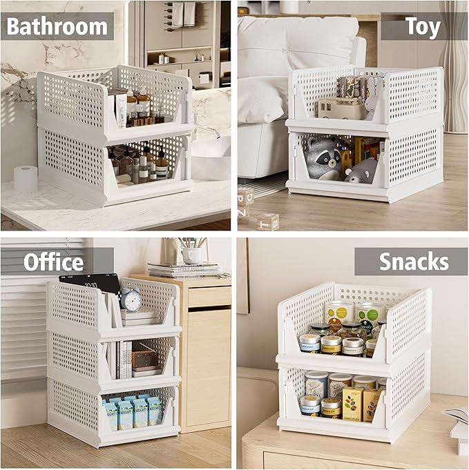 Proarea 4 Pack Stackable Plastic Storage Basket Closet Organizer Bin Foldable Clothes Organizer Storage Drawer Shelf Container for Living Room Bathroom Kitchen Office (2L+2S)