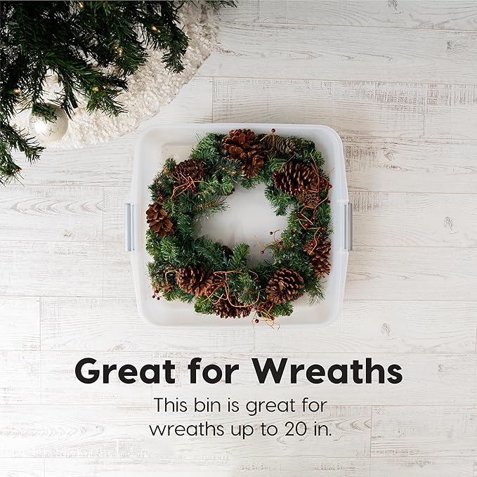 IRIS USA 33 Quart Christmas Wreath Storage Container Box with Lid, 3-Pack, Stackable Under Bed Storage Organizer Bin with Latching Buckles for 20" Wreaths Christmas Decorations Garlands, Clear/Red