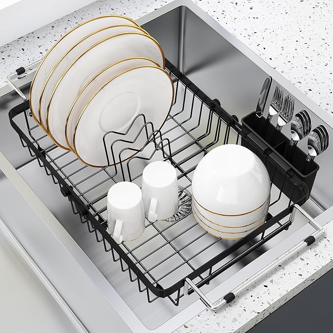romision Expandable Dish Drying Rack Over The Sink Small Metal Stainless Steel Plate Holder for Compact Kitchen, Space Saving Modern Black Hanging Drainer