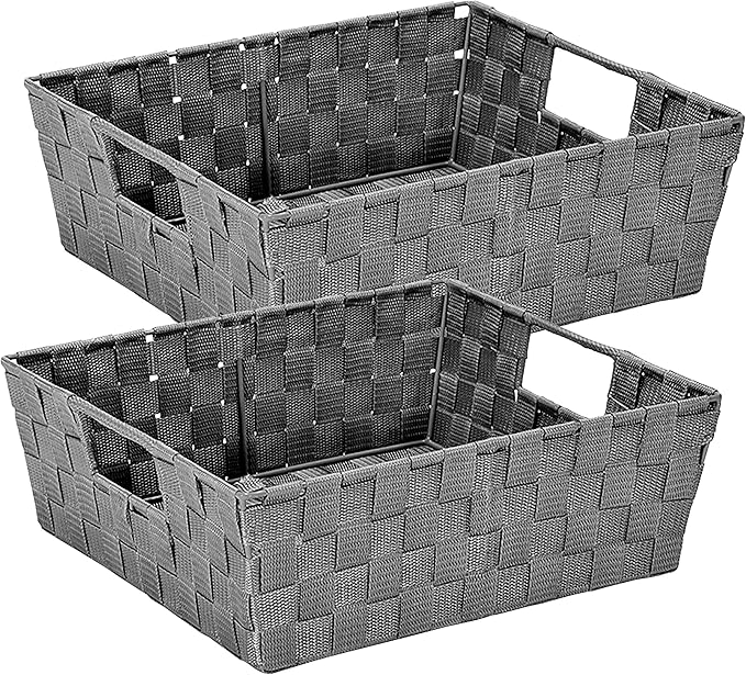 Simplify 2 Pack Large Storage Shelf Totes with Woven Strap in Grey | Decorative | Baskets | Organization | Accessories | Drawer | Desk | Closet | Bathroom | Bedroom | Nursery | Toys | Gifts