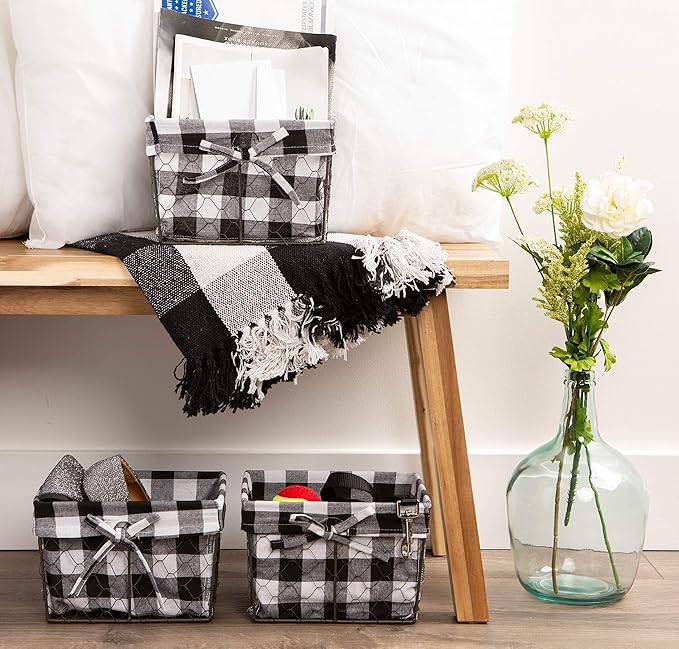 DII Farmhouse Chicken Wire Storage Baskets with Liner, Small, Vintage Black & White Check, 9x7x6", 3 Piece