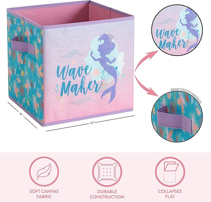 Disney Little Mermaid Storage Cubes,Set of 2 Spacious Collapsible Bins with Handles, Kids Toy Organizer for Bedroom & Playroom, 10" x 10"