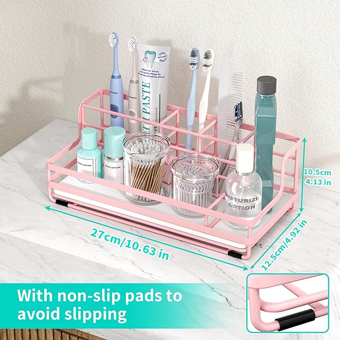 HapiRm Toothbrush Holders for Bathroom - 5 Partitions Bathroom Counter Organizer with Instant Drying Stone, Stainless Steel Countertop Storage Electric Toothbrush Toothpaste Holder - Pink